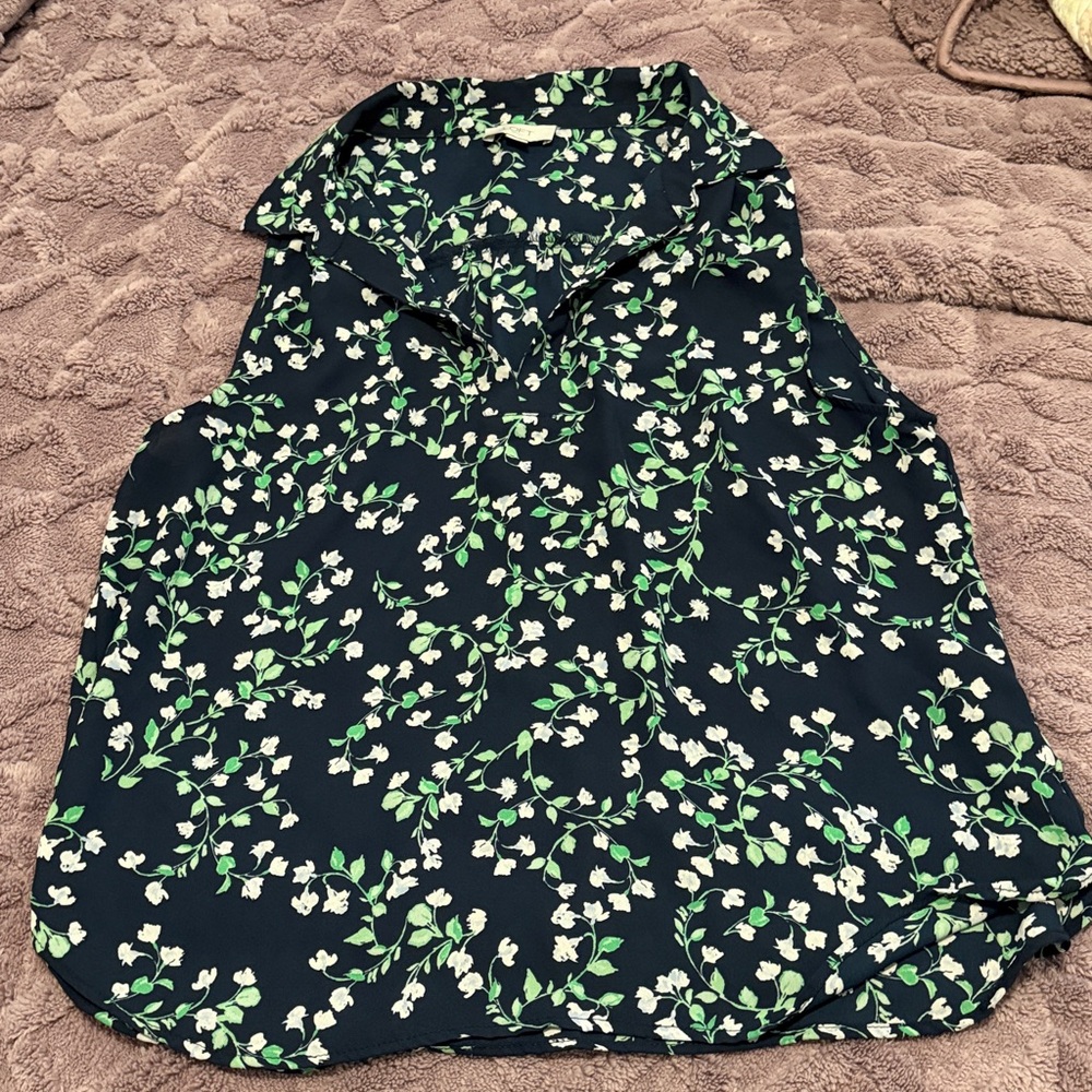 LOFT Navy Floral V-Neck Blouse with Green and White Print